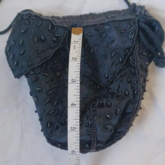 Beaded Mini Drawstring Shoulder Bag Purse Fully Lined Womens Black, 6"x6" EUC - Picture 10 of 12